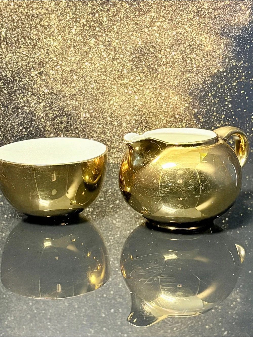 Vintage Hall China Golden Glo Creamer & Open Sugar Bowl Set 22K Gold